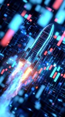 Digital Metaverse Rocket Launch, startup rocket soaring through a vibrant digital cosmos, numbers and trading bars twinkling like stars in an expansive virtual space.