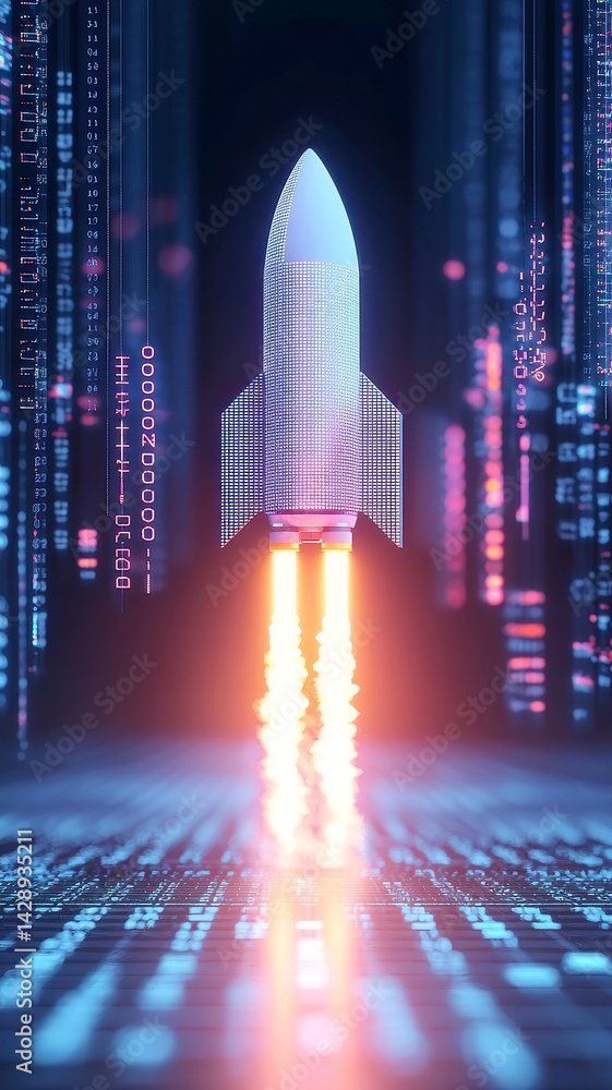 Poster surreal rocket crafted from numbers and code, journeying through a cosmos of analytics dashboards an