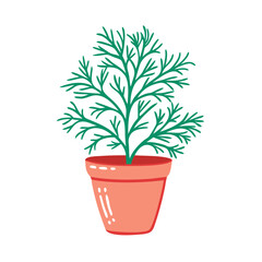 Cartoon Dill Plant in Pot on Black Background