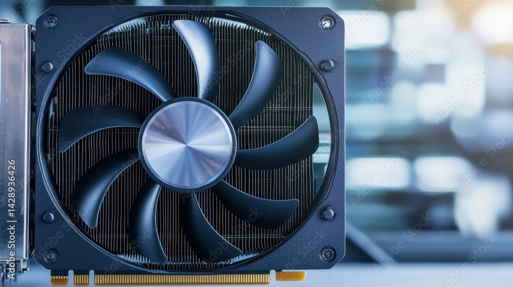 Poster gpu temperature concept, close-up of gpu fan spinning at maximum speed showing modern cooling techno