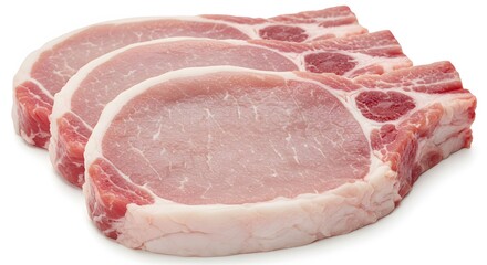 AI image showing three fresh, raw bone-in pork chops with visible fat and marbling, isolated on a white background