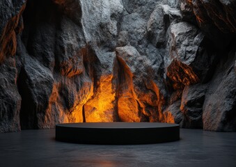 Dark cave interior with a circular podium, lit by orange fire