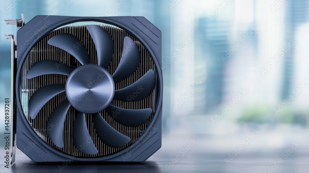 Poster gpu temperature concept, close-up of gpu fan spinning at maximum speed for optimal cooling performan