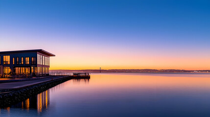 Obraz premium Modern Building On Pier At Sunset Over Calm Water