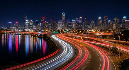 Fototapeta premium City skyline at night with light trails and water reflections below it