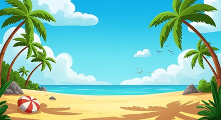 Obraz premium Tropical Beach Paradise: Vibrant Cartoon Illustration AI Generated