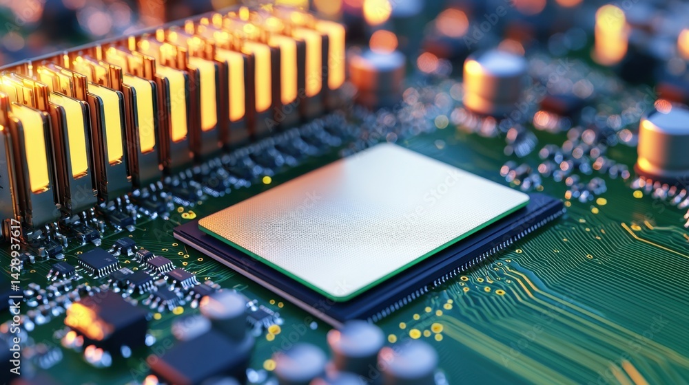 Poster gpu temperature concept, close-up of thermal pad placed on gpu memory component for enhanced perform