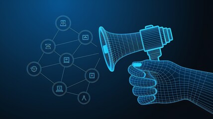 Digital Announcement: A futuristic digital hand holds a wireframe megaphone, projecting data nodes to highlight information dissemination, promotion, and modern technological communication.