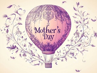 Obraz premium Vector Hot Air Balloon with Swirls and Leaves and “Mother’s Day” Script in Pink and Purple