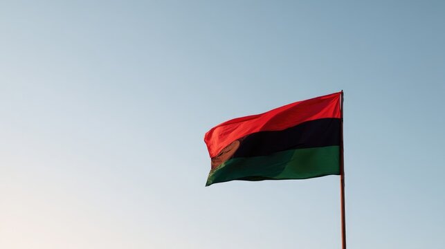 clean image of single red black and green flag against clear sky providing ample copy space