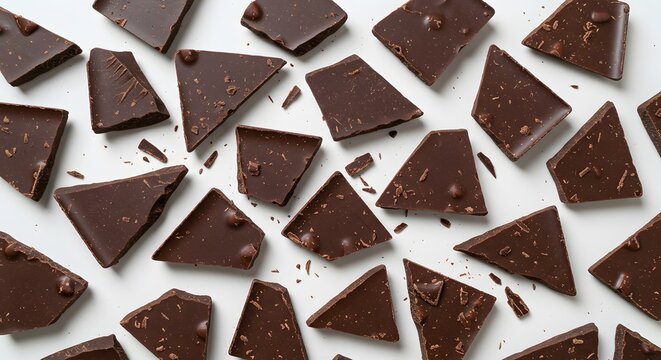 AI image featuring broken triangular pieces of dark chocolate scattered randomly across a clean white background, viewed from above.