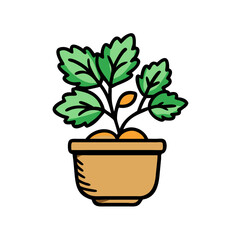 Potted Plant Illustration, Green Leaves, Brown Flowerpot, Isolated