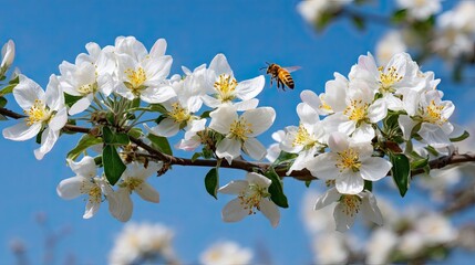 Obraz premium White spring blossoms on tree branch with bee flying under blue sky