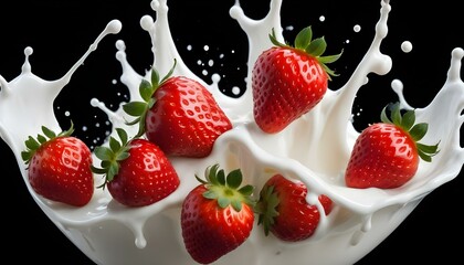 Vivid shot of strawberries falling into a splash of milk on a solid black backdrop.