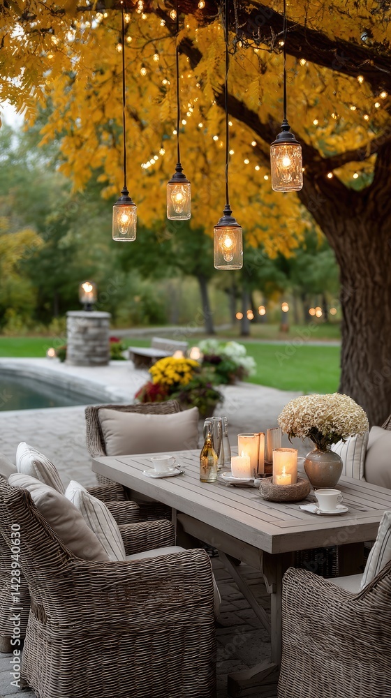 Poster inviting patio adorned with candles and string lights, featuring wicker furniture and soft pillows, 