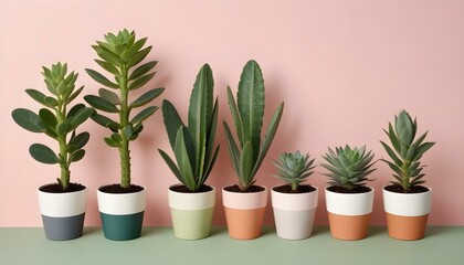 Fototapeta premium An array of diverse succulents, displayed in colorful pots, create a visually pleasing scene against a pink backdrop.
