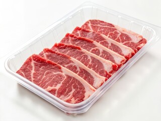 Beef packaging for mockup Sliced raw beef in a plastic tray ready for cooking.