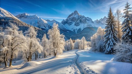 Winter wonderland path through snow-covered trees and majestic mountains bathed in sunlight