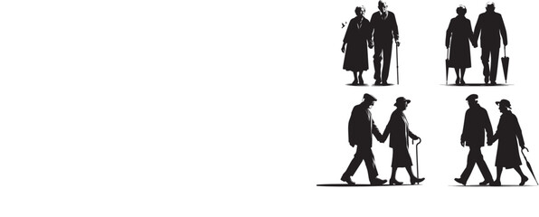 Silhouettes of Elderly Couples Walking Together Holding Hands