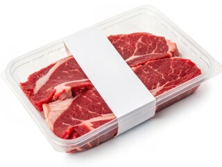 Beef packaging for mockup Raw beef steaks packaged in a plastic container with a label.