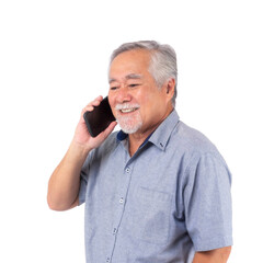Happy senior Asian man talking on smartphone and smiling, wearing casual blue shirt, isolated on a...