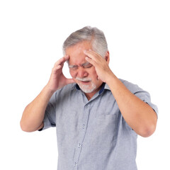 Stressed Asian senior man suffering from headache, touching his temples and closing eyes in pain,...