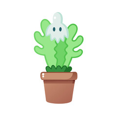 Cute Ghost Cactus in Pot, Halloween Plant Illustration