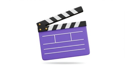 3D Purple clapper board movie tool on white background