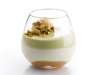 beautiful layered dessert with pistachio and vanilla filling in glass  topped with round pistachio cookie isolated on white background