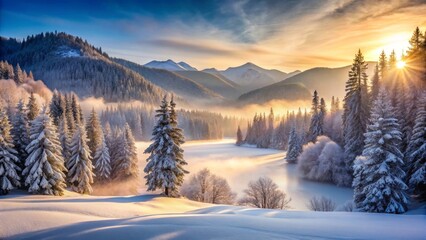 Fototapeta premium Serene Winter Sunrise Over Misty Mountain Lake and Snow Covered Evergreen Forest