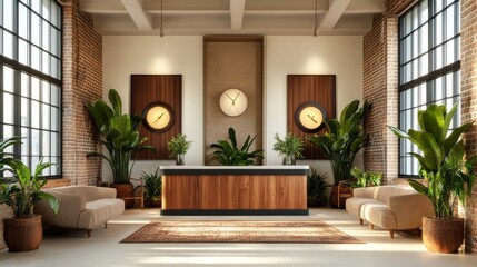 A luxurious waiting area and elegant decor are perfectly paired with the modern reception desk in this beauty salon