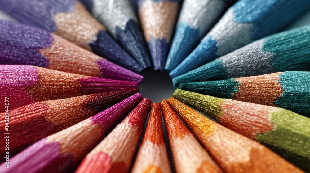 Poster vibrant pencil tips arranged in a circular pattern showcasing artistry and color diversity for creat