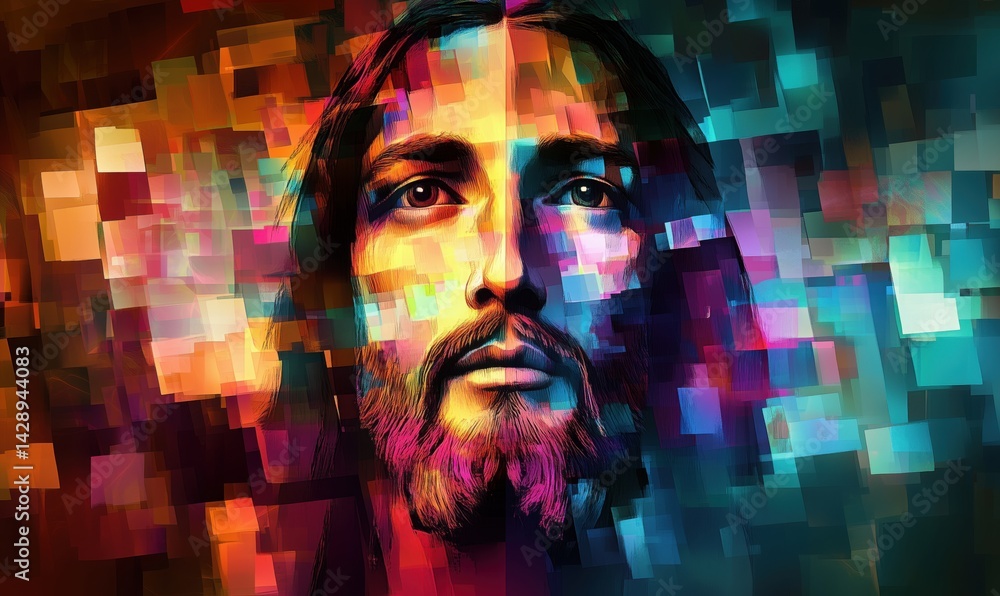 Aufkleber Abstract portrait of a man with colorful pixelated background and expressive features