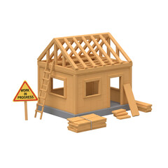 3d Illustration House under construction with wood and work in progress sign
