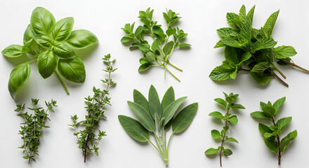 Obraz premium Assorted Fresh Herbs with Basil Mint Sage Thyme Oregano on White Background