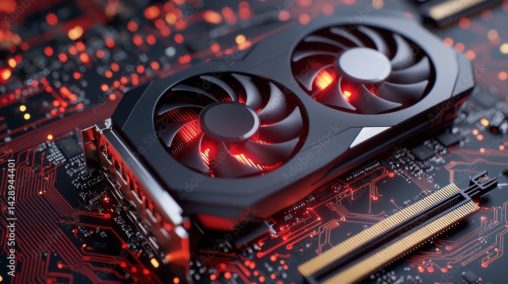 Poster gpu temperature concept, high-performance graphics card on advanced circuit board with futuristic de