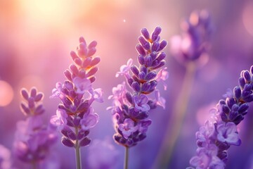 Obraz premium Lavender flowers basking in soft, golden sunlight