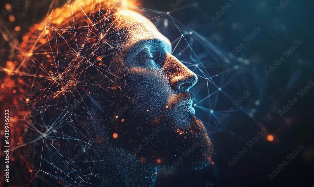 Poster digital portrait of a man with glowing particles and network connections