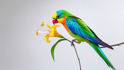 Colorful parrot perched on a branch with yellow lily flower