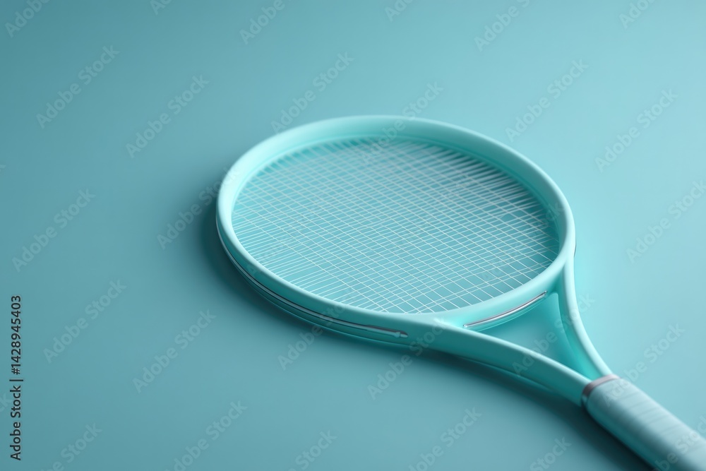 Poster single tennis racket lying flat on vibrant colored surface casting soft shadow with ample copy space