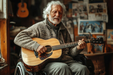 Obraz premium Elderly craftsman playing acoustic guitar in his luthier workshop