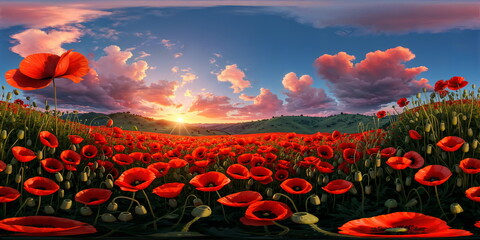 Red poppies in mountain valley at sunset. Full 360 degrees seamless spherical panorama HDRI equirectangular projection. Texture environment map for lighting and reflection source rendering 3d scenes