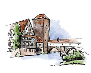 Nuremberg, Germany, Europe. Old town view with historic traditional German timbered houses. Book illustration. Artistic hand drawn touristic postcard
