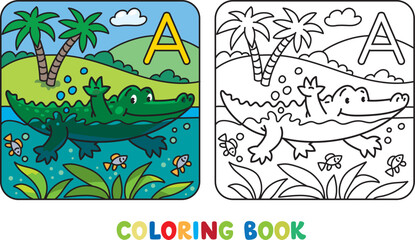Funny alligator or crocodile. Children vector illustration. Animals ABC coloring book for kids. Alphabet A