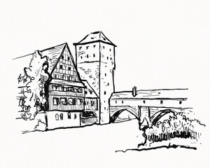 Nuremberg, Germany, Europe. Old town view with historic traditional German timbered houses. Book illustration. Artistic hand drawn touristic postcard
