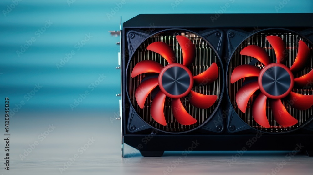 Poster gpu temperature concept, high-performance gaming gpu with red cooling fans on a modern desktop setup