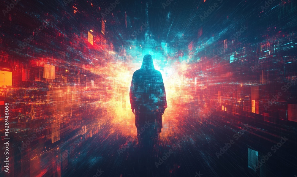 Poster mysterious figure in digital landscape with vibrant colors and abstract patterns