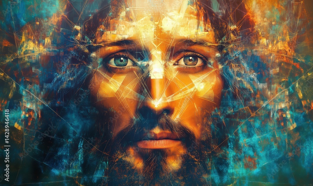 Poster digital portrait of a man with intense gaze and abstract background effects