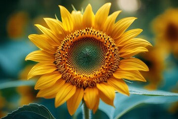 Obraz premium Close-up of a vibrant sunflower blooming in a field, showcasing its intricate details and golden petals