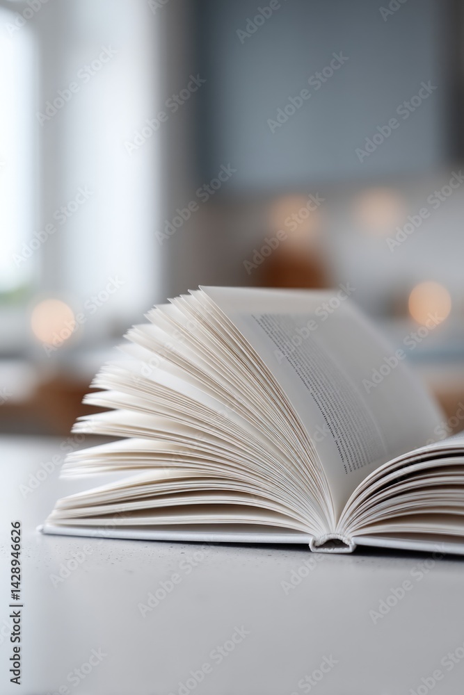 Poster solitary open book on clean table pages slightly turned with expansive blank page behind it as copy 